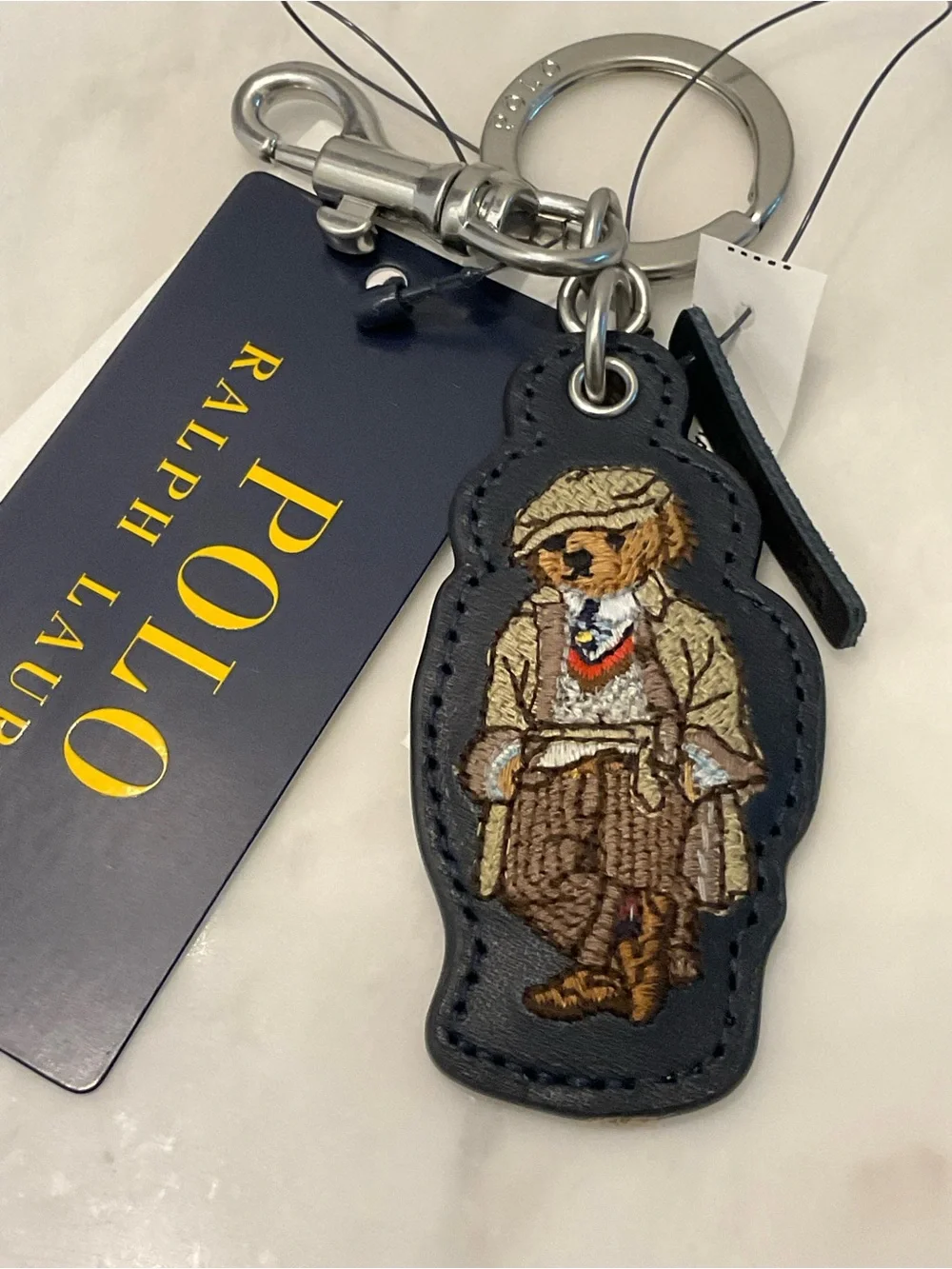 NEW Polo Ralph Lauren HERITAGE BEAR - LEATHER Key Ring Keychain - NAVY BLUE